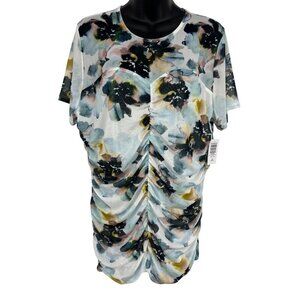 Torrid Top Blouse Plus 2X Blue Black Floral Short Sleeve Round Neck Women New